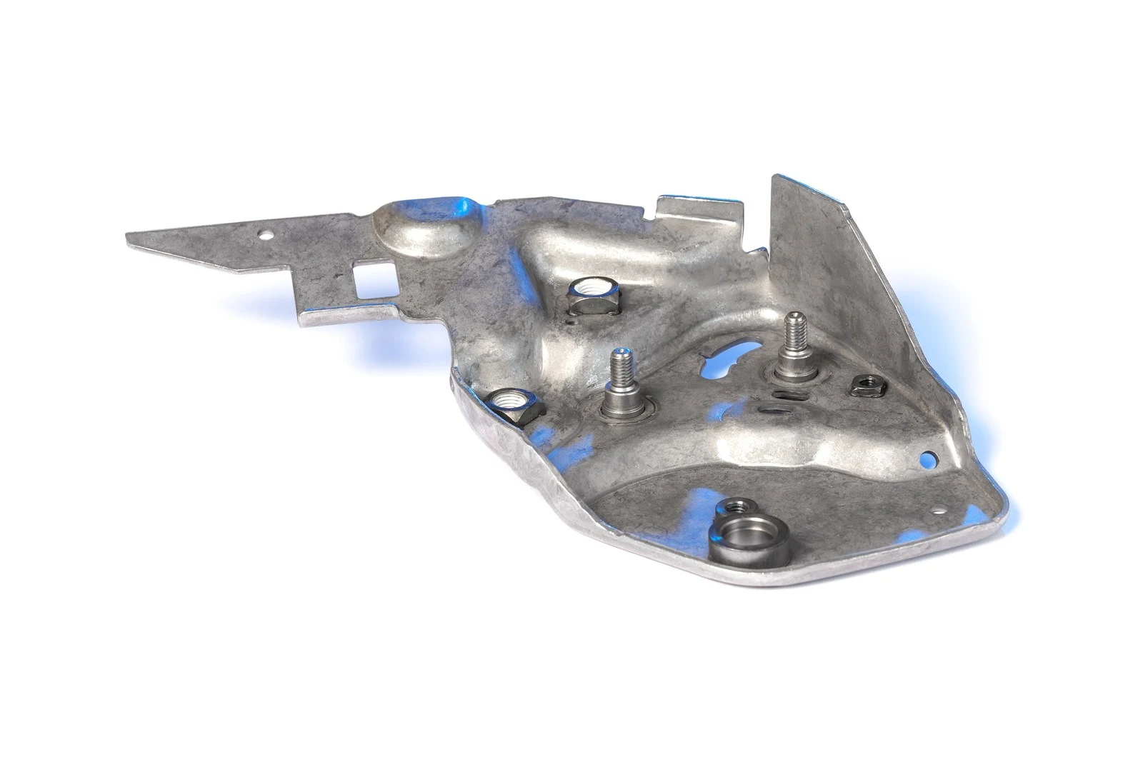 Weld nuts and threaded studs projection welded onto a stamped sheet metal bracket.